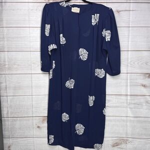 VTG Pellini Petites by Von Bramlett Sheer Navy Blue Leaf Print Shift Dress 9/10